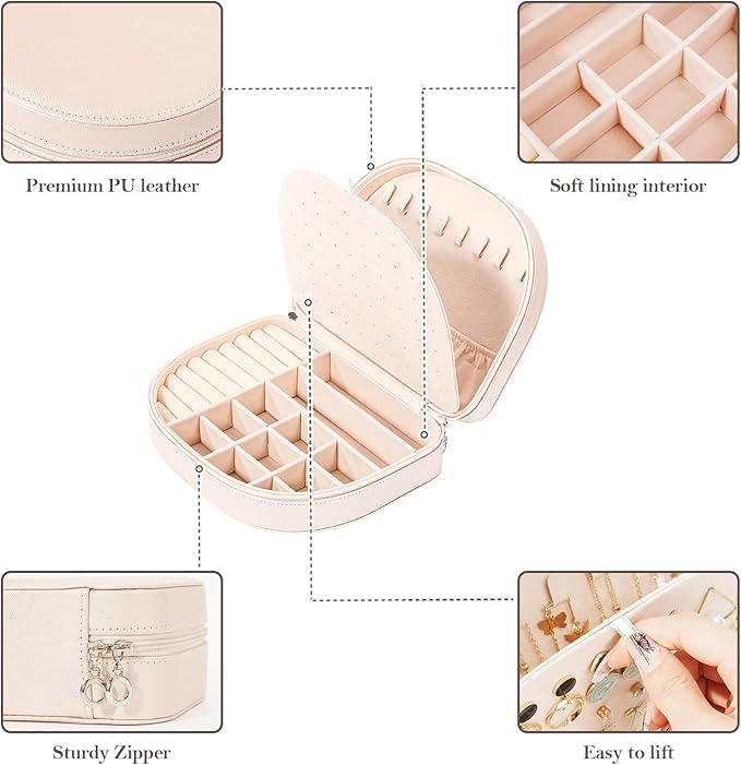 ProCase Travel Size Jewelry Box, Large Portable Seashell-Shaped Jewelry Case, 2 Layer Jewelry Organizer in PU Leather for Women -Champagne