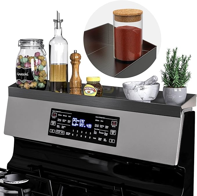 IIIOIIIA Stove Top Magnetic Shelf for Kitchen Organization, 30" Magnetic Spice Rack Over The Stove, 4" Deep Spice Organizer with Border All Around, Brushed Stainless, Black