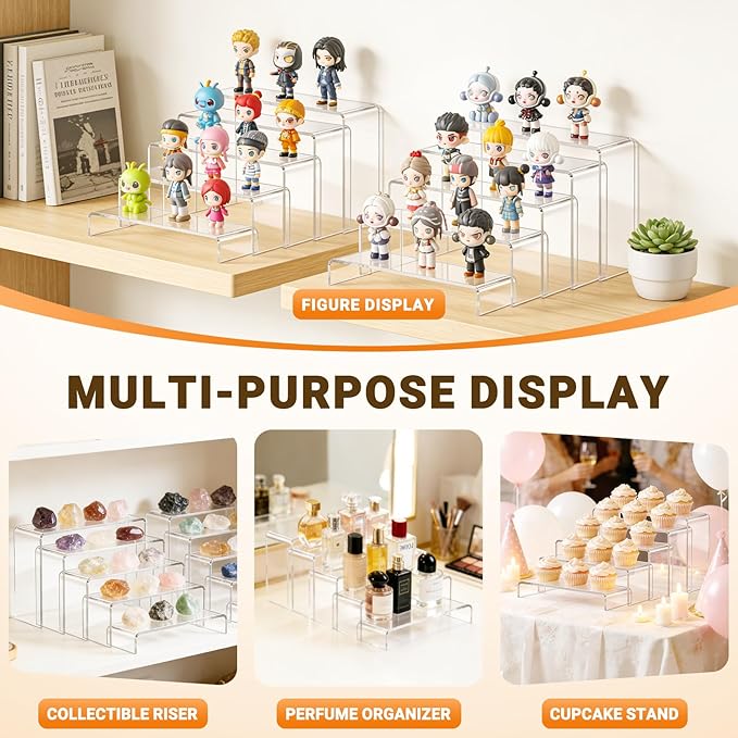 FUNFERY Acrylic Display Risers, 2 Set(7.8" L~8.2" L~8.6" L~9Ã¢ÂÂL~9.3Ã¢ÂÂL) Display Shelf for Figure, Collectibles, Cupcake, 5-Tier Clear Acrylic Stands for Dessert, Jewelry, Candy Showcase