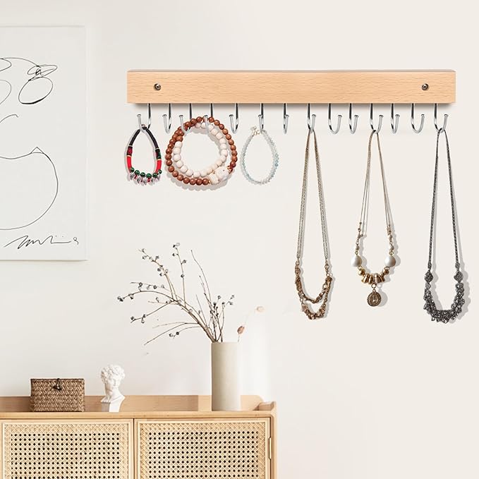 Necklace Holder Wall Mounted Jewelry Organizer - 2 Pack Wooden with 28 Rotating 180° Hooks for Hanging Earring & Ring Bracelet Storage, Decorative Space-Saving Jewelry Display (Natural)