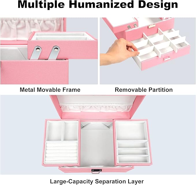 Dajasan Jewelry Organizer Box, Large Jewelry Boxes for Women Girls, Compact 3 Layers Jewelry Storage Case with Drawer, Gift Idea, Movable Metal Stand, Modern (Pink)