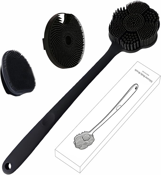 Back Scrubber & Face Scrubber Brush for Shower - 15 Inch Long Handle Double Sided Silicone Body Brush for Exfoliation & Massage, Soft Facial Cleansing Brush, Rich Lathering for Deep Cleansing (Black)