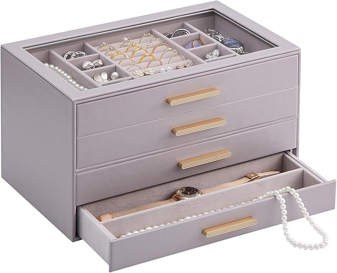 Lolalet Jewelry Box Organizer, 4-Layer Jewelry Organizers and Storage Case with Glass Lid, Ring Earring Bracelet Necklace Holder Organizer, Birthday Valentine Gifts for Women Girls -4Layer, HazePurple