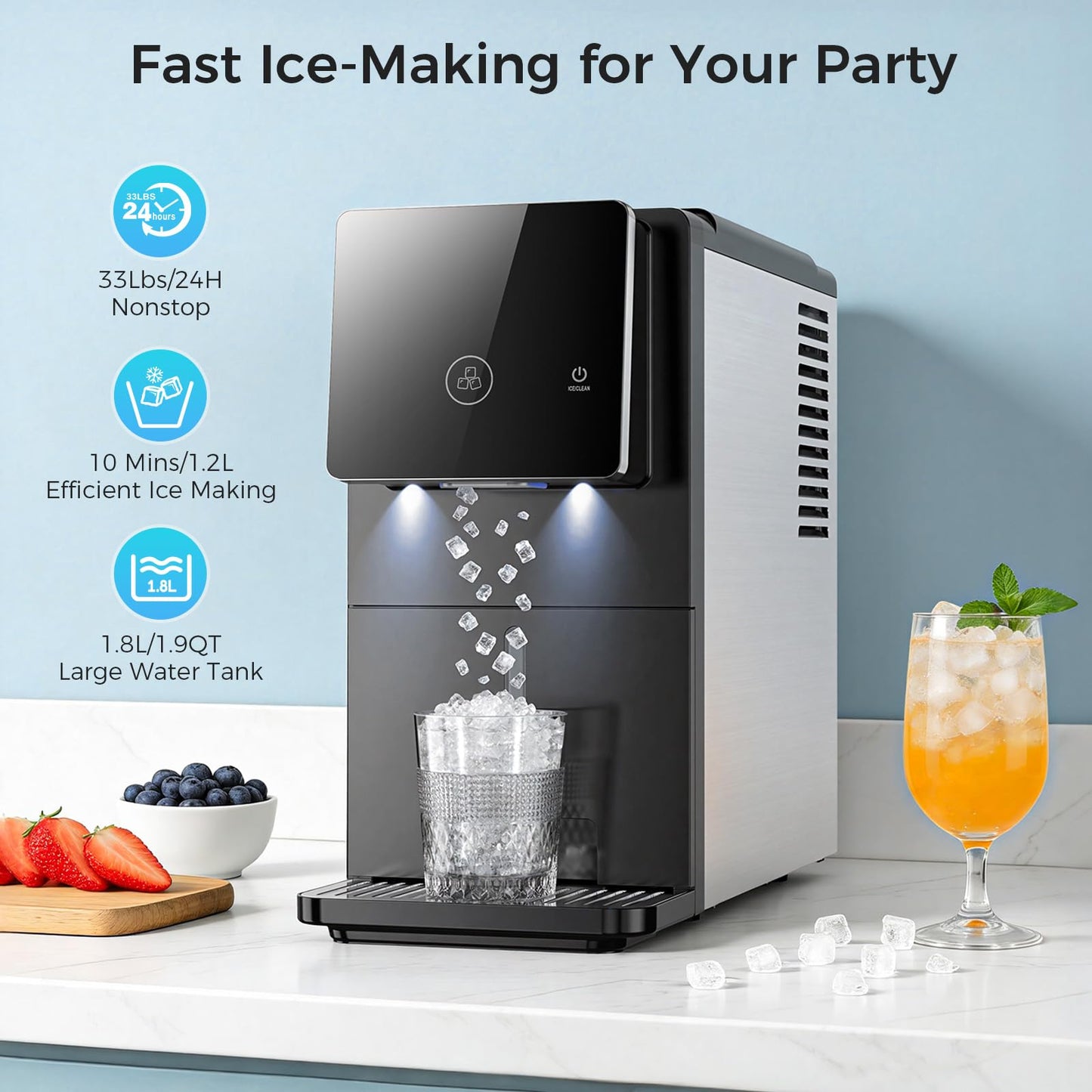 33 lbs/Day Countertop Nugget Ice Maker with Self-Cleaning,Portable Countertop Ice Machine, Auto Lighting, Measured Dispensing，and Ice Full Minder for Home, Kitchen, Office, Black
