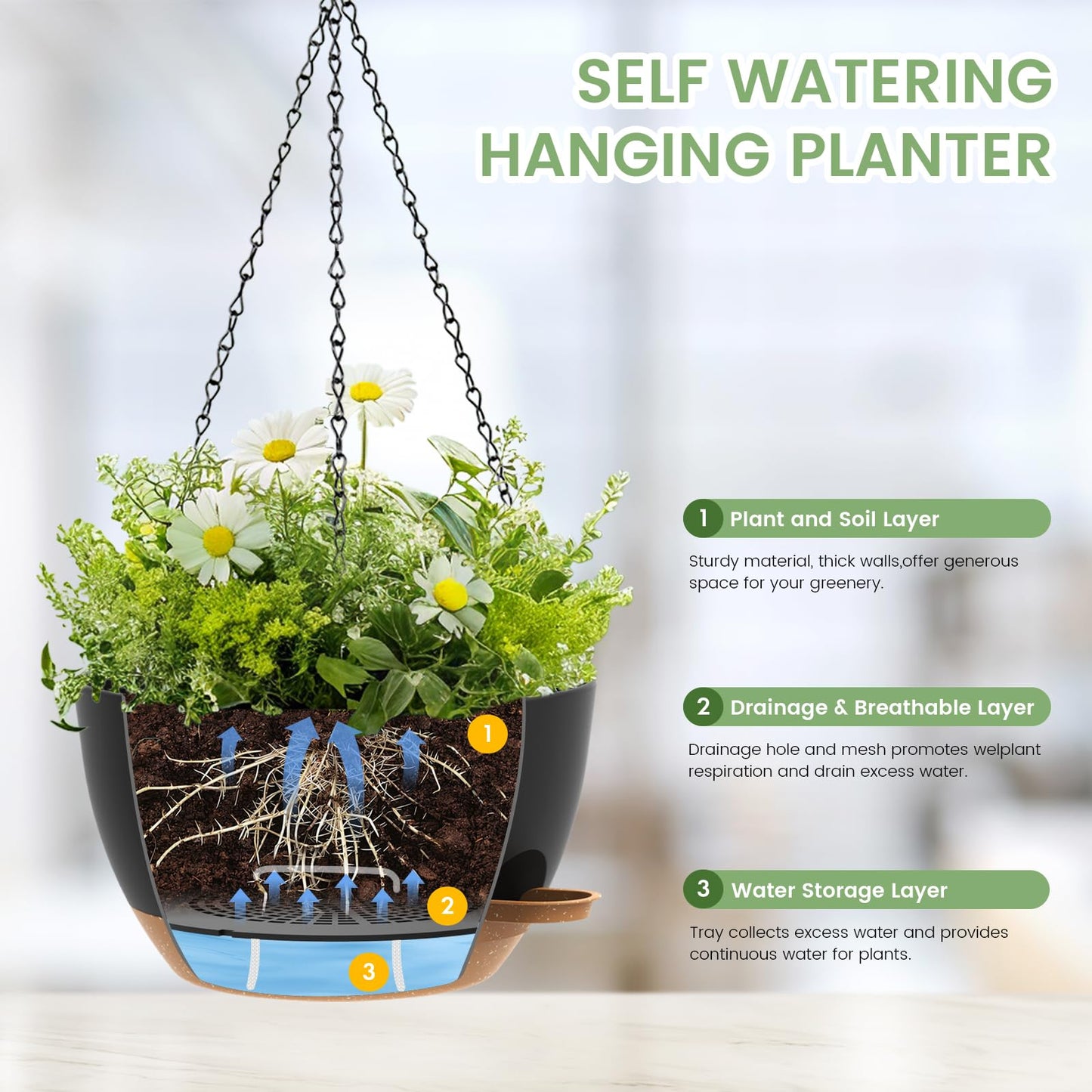 3 Pack 10 Hanging Flower Pots with Chains Self Watering Plastic Planters for Indoor Outdoor Plants, Sturdy Triangular Iron Chain Design for Garden PorchPlastic hanging flower pots (3, Black Brown)