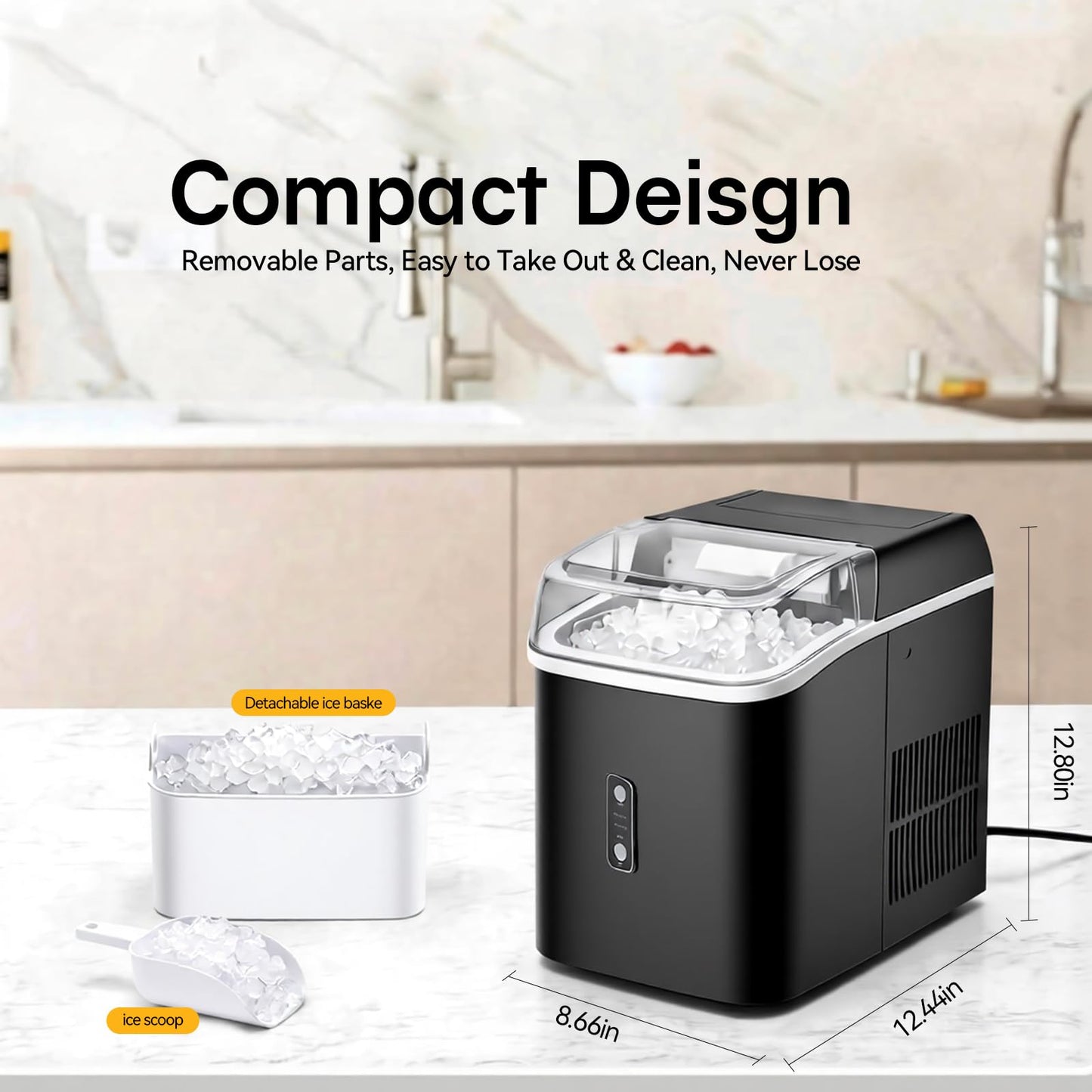 KMFurnila Nugget Ice Maker Countertop, Portable Ice Makers Machine with Removable Basket and Scoop, Self-Cleaning, Quiet, 6-Min Ready, 24lbs in 24Hrs, Visible, for Home, Party, RV, Camping, Black