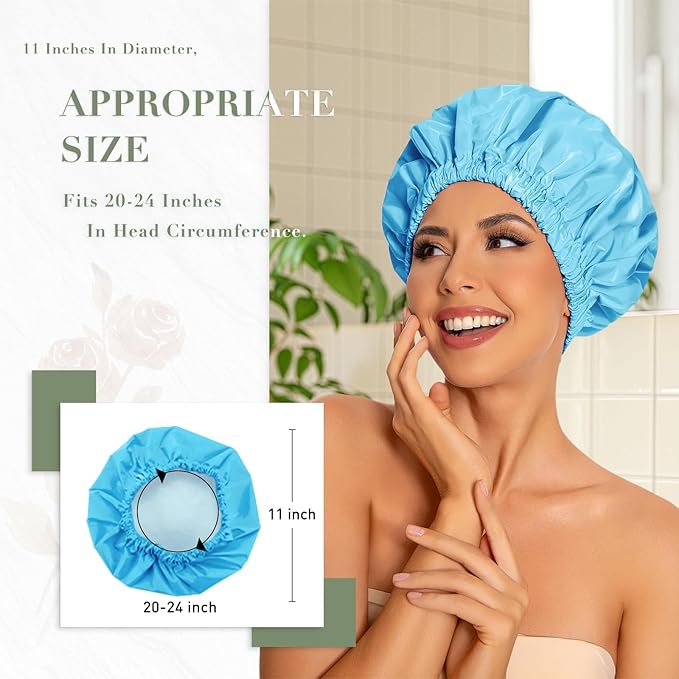 Reusable Shower Cap for Women, Large Waterproof Shower Bonnet with Elastic Band, Washable Bath Hair Cap for Long, Curly Hair, Braids, Daily Shower, Home Spa, Travel(Lake Blue)