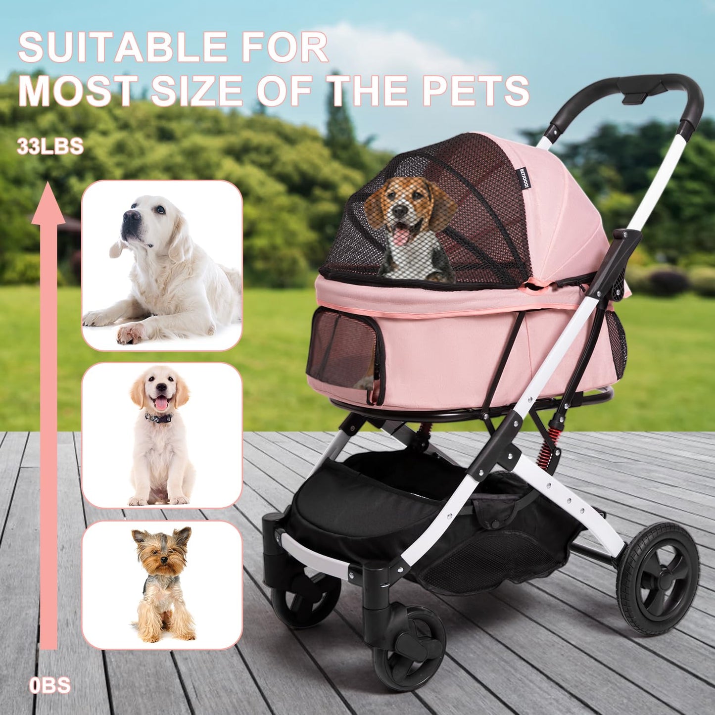 BETSOCCI Pet Stroller for Medium Small Dog & Cat, Foldable Lightweight Dog Stroller with Storage Basket Pet Travel Carriage with Safety Leashes, 4 Wheel, Pink