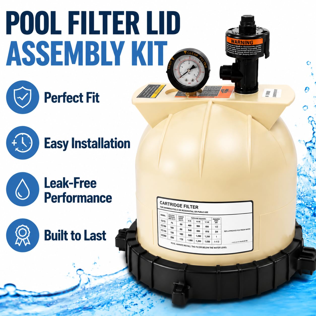 LOTMOVE Pool Filter Lid Assembly Kit Compatible with Pentair Clean & Clear CC75 CC150 CC200 Filters, Includes 178561 Lid, 190058 Pressure Gauge, 9820980 Air Relief Valve & 59052900 Lock Ring