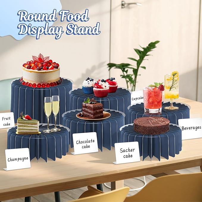6Pcs Buffet Risers, Food Risers for Table, Foldable Cake Display Stands, Tall Cardboard Cupcakes Stand for Show Catering Desserts Jewelry Wedding Birthday Party Decoration (Blue)