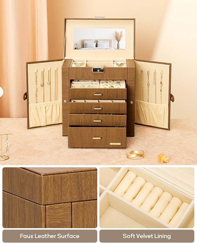 Homde Synthetic Leather Huge Jewelry Box Mirrored Watch Organizer Necklace Ring Earring Storage Lockable Gift Case (Brown + Gold)