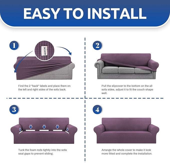 KEKUOU Stretch Sofa Cover Slipcover ，Couch Covers for 3 Cushion Couch Sofa pet Friendly (78"-94") Furniture Protector Sofa with Elastic Bottom for Kids,Dog, Jacquard Small Checked(Large,Dark Purple)