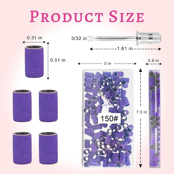 100Pcs Sanding Bands for Nail Drill 150 Grit, Medium Grit Sanding Band for Nail Drill with 3/32Ã¢ÂÂ Nail Drill Bit for Acrylic Nail, Gel Nail, Professional Nail Sanding Band Set for Manicure and Pedicure