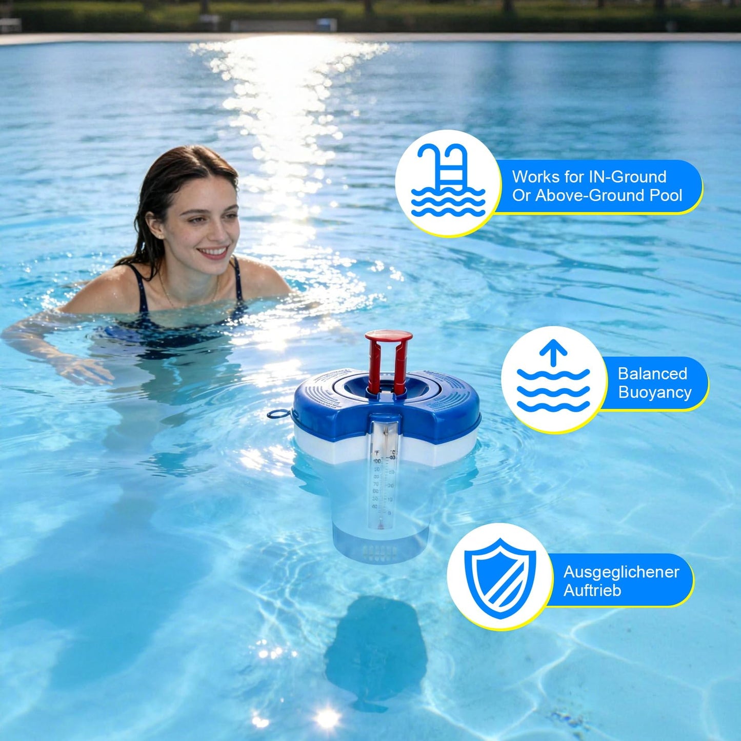 Pool Chlorine Floater Dispenser with Thermometer - 8" Pool Floater Pop-Up Refill Indicator Large Floating Chlorine Holder for 1 to 4 inch Tablets Floating Dispenser for Pools Spas Hot Tubs