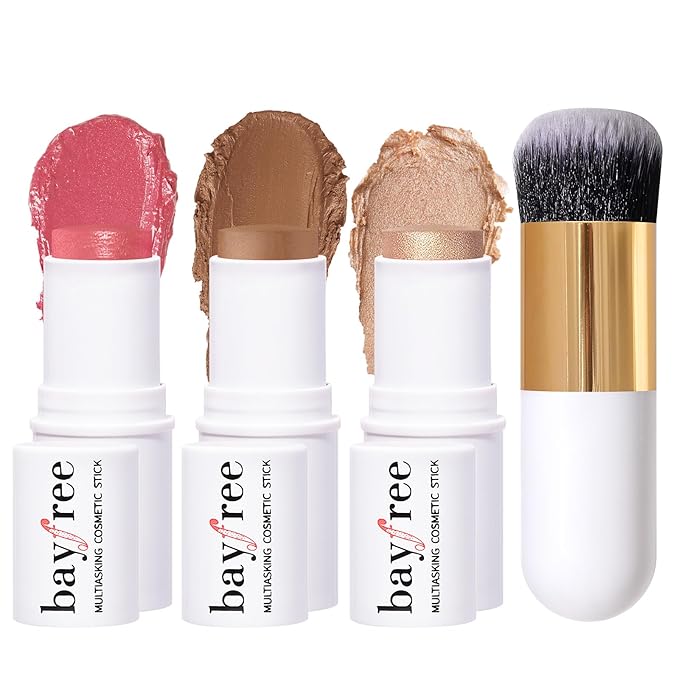 KIMUSE Face Sticks Trio, Cream Blush Stick & Highlighter Stick & Contour Stick for Sculpt the Cheeks, Long Lasting Cream Contour Stick Trio for Face Makeup, with Brush