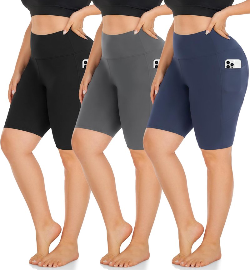 MOREFEEL 3 Pack Plus Size 8" Biker Shorts with Pockets for Women-High Waist Non-See Through Workout Black Yoga Short