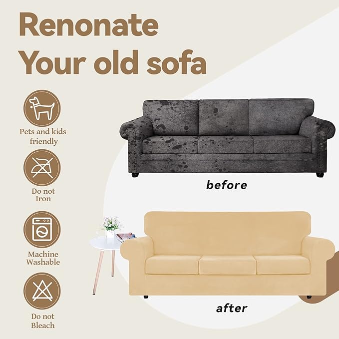 WEERRW 4 Pieces Velvet High Stretch Couch Covers for 3 Cushion Couch Sofa Slipcovers, Washable Furniture Protector with Non Slip Elastic Bottom, Feature Soft and Thick Plush Fabric, Champagne, Large