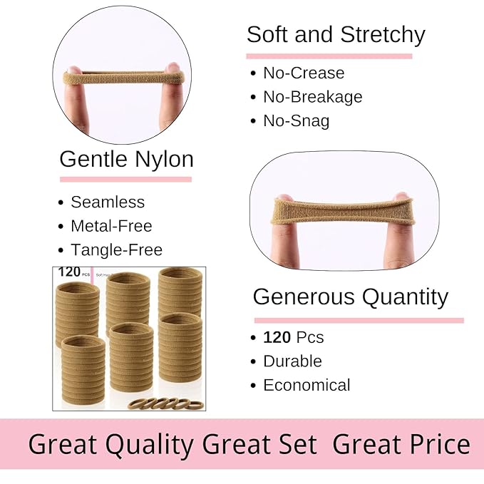 LuSeren 120 Pcs No Damage Hair Ties for Thick Hair, Large Soft Seamless Nylon Hair Elastics for Women, Ponytail Holders, Hair Accessories Ã¢ÂÂ Light Brown