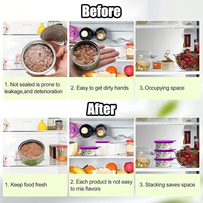 PINE & LINEN 4 Pcs Durable Pet Can Lids,One fit 3 Standard Size Silicone Waterproof Cat Food Cans Lids for 3oz/5.5oz/12.5oz/13.2oz Cat Food Cans（Purple）