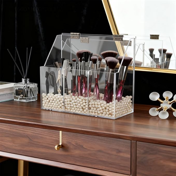 Okllen Makeup Brush Holder with Dustproof Lid, White Pearls, Acrylic Clear Makeup Brush Organizer with 3 Compartment, Large Cosmetic Brush Storage Box Case for Vanity, Bathroom, Bedroom