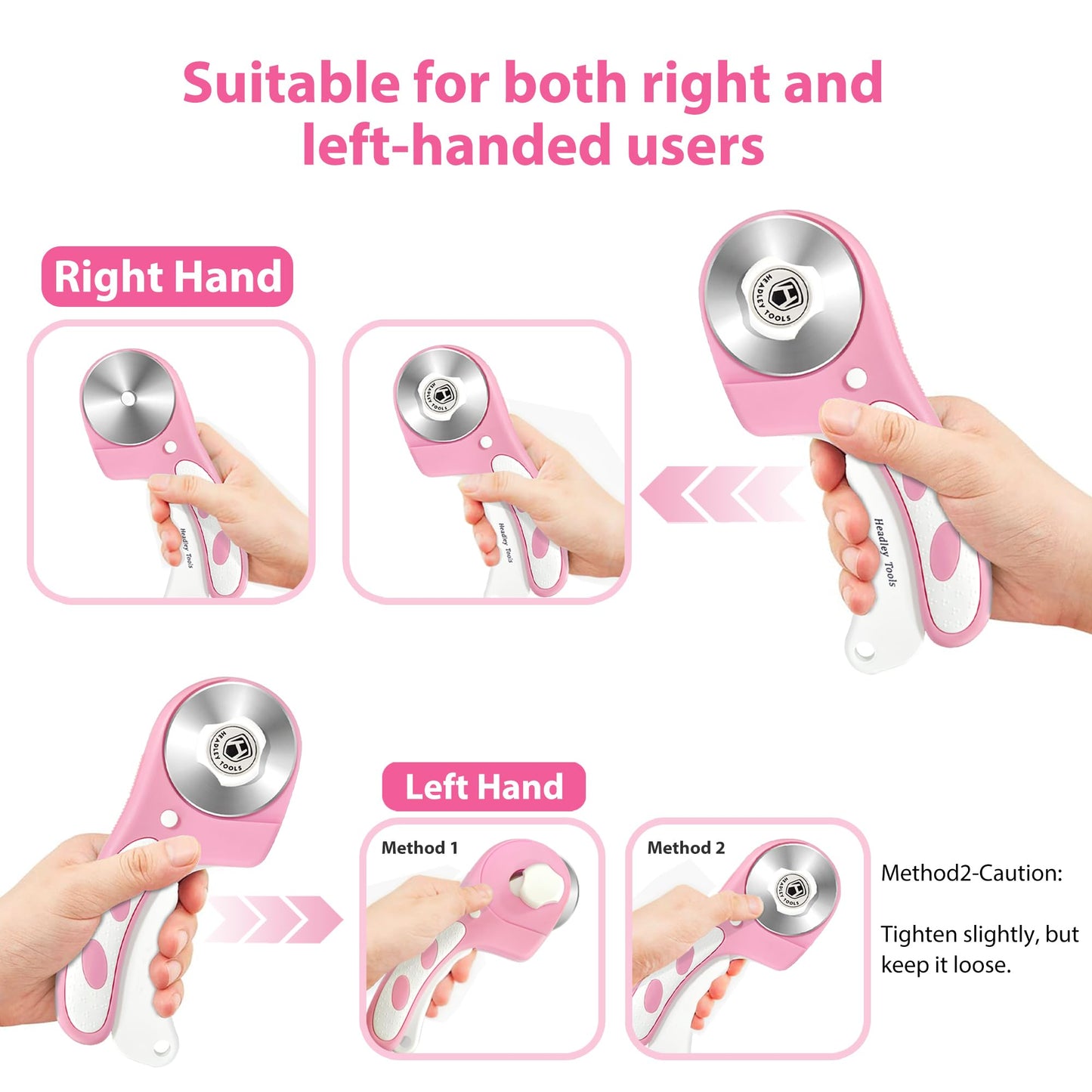 Headley Tools Rotary Cutter 60mm Upgraded with Bearing Design for Smoother and deeper cutting, Ergonomic Handle Rolling Cutter with Safety Lock for Fabric, Fabric, Leather, Crafting, Sewing, Pink