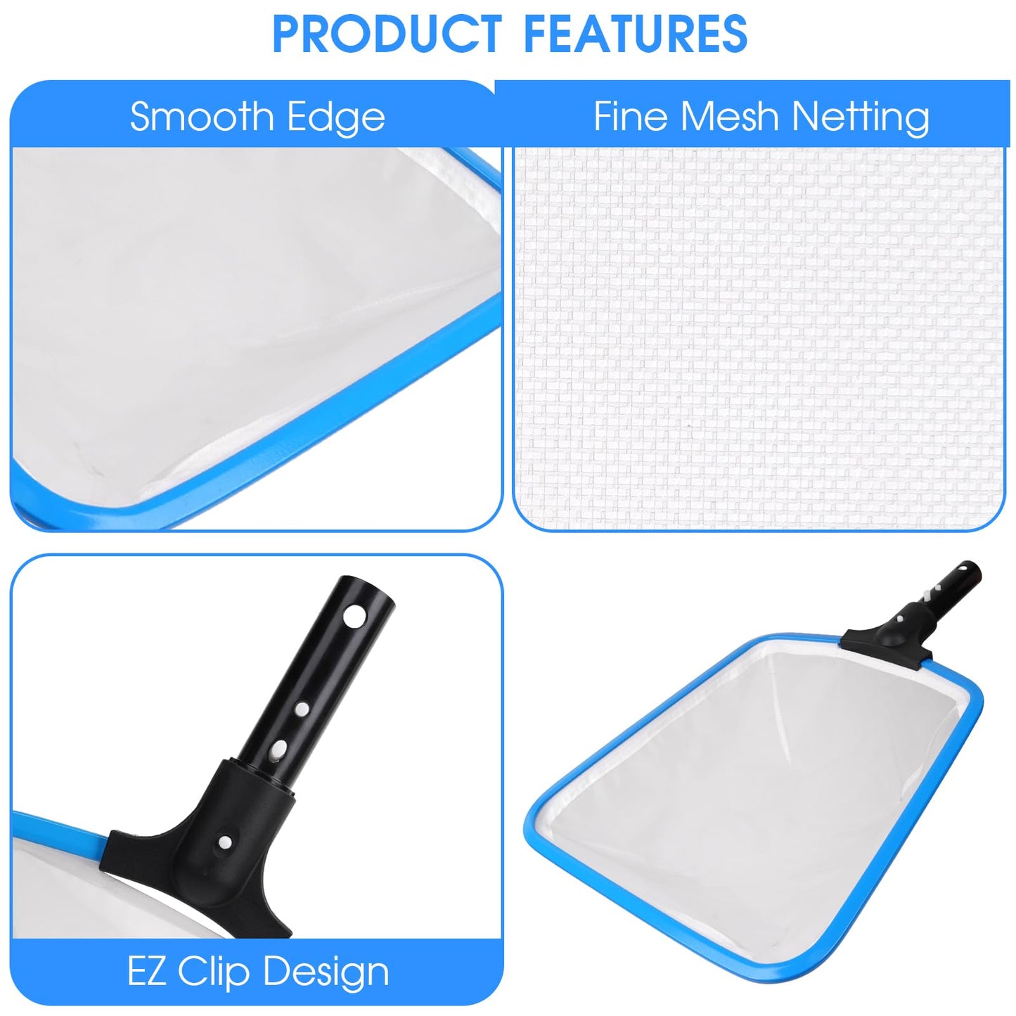 TidyMister 3PCS Cleaning Kit - 12.5'' Brush With Round End & 11'' Skimmer Net Fine Mesh & 5.7 Feet Thick Aluminum Pole 5-Segment, for Above Ground & Inground Pools Ponds