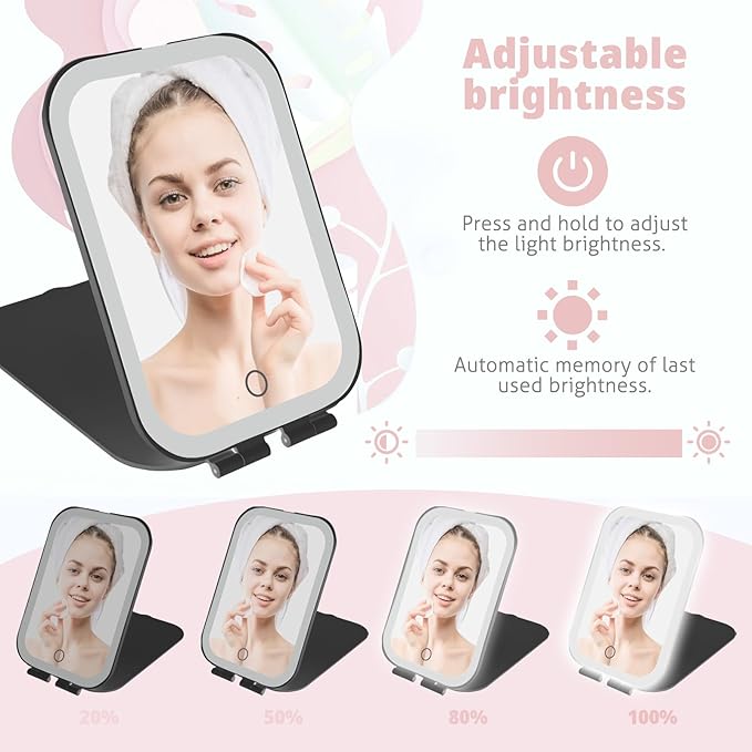 Travel Makeup Mirror, Portable Mirror with 3 Adjustable Light Settings, USB-Rechargeable Vanity Mirror with Lights, Gift for Women and Girls (Black)
