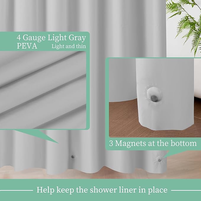 Mrs Awesome Grey Shower Curtain Liner with 3 Magnets, 72x72 Premium Flexible Sturdy Plastic Shower Curtain for Bathroom Lightweight & Waterproof, Light Gray