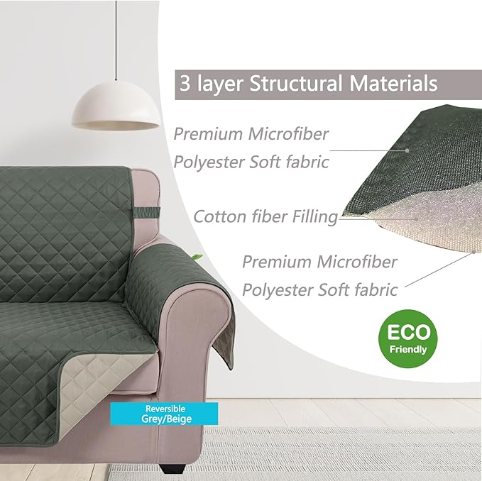 U-NICE HOME Reversible Sofa Cover Couch Cover for Dogs with Elastic Straps Water Resistant Furniture Protector for Pets for 3 Cushion Couch (Sofa, Grey/Beige)
