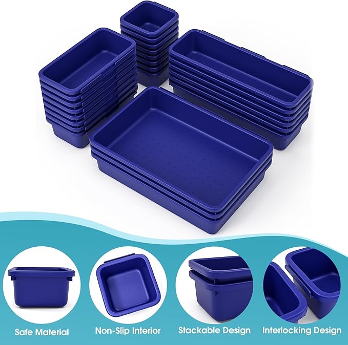 25 PCS Drawer Organizer Set, 4 Size Makeup Drawer Divider Organizer With Non-Slip Pads, Interlocking Plastic Storage Bins for Office,Jewelry Vanity,Gadgets, Bathroom,Kitchen, Navy