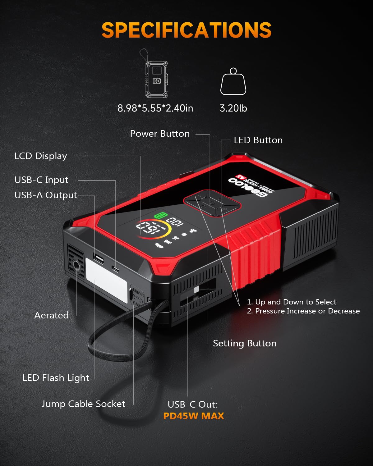 GOOLOO A5 Jump Starter with Air Compressor, 4000A Car Battery Jump Starter (All Gas/10.0L Diesel) with 160PSI Tire Inflator Auto-Off, 45W PD Fast Charging, 12V Jump Box Car Jumper Starter Portable
