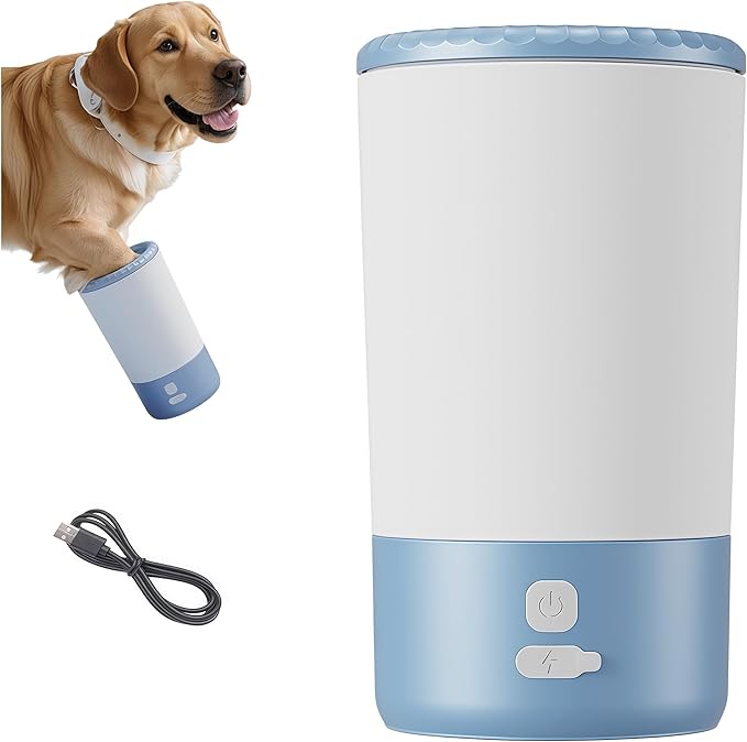 Lervynxi-Dog Paw Cleaner, Portable Automatic Pet Paw Washer - One Touch Start, ABS Body, Detachable Silicone Brush, USB Rechargeable, for Small & Medium Dogs, Clean Paws, White Glacier Blue