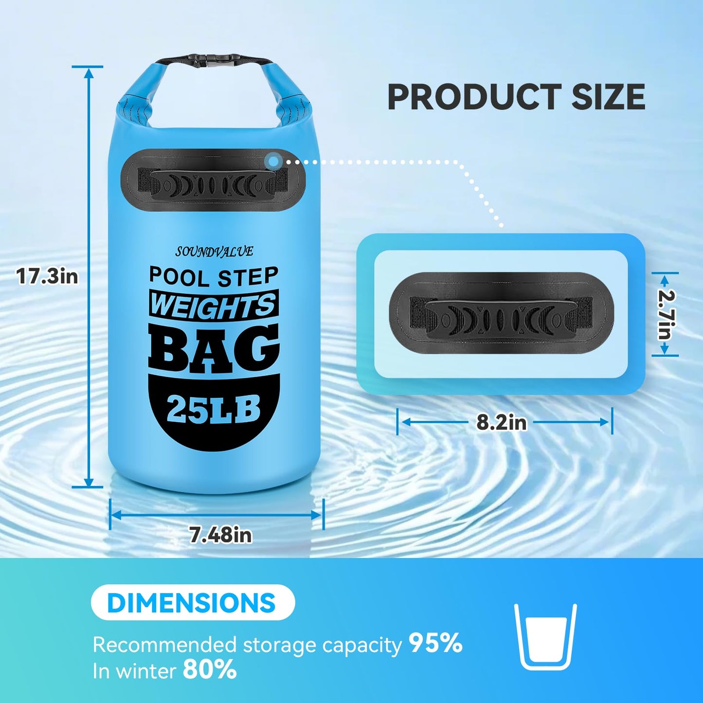 2 Pack 25lb Heavy Duty Pool Ladder Weights, Universal Above Ground Pool Step Sand Bags with Handles, 500D PVC Durable Waterproof & Foldable Sandbags for Swimming Pool Stairs (Sky Blue)