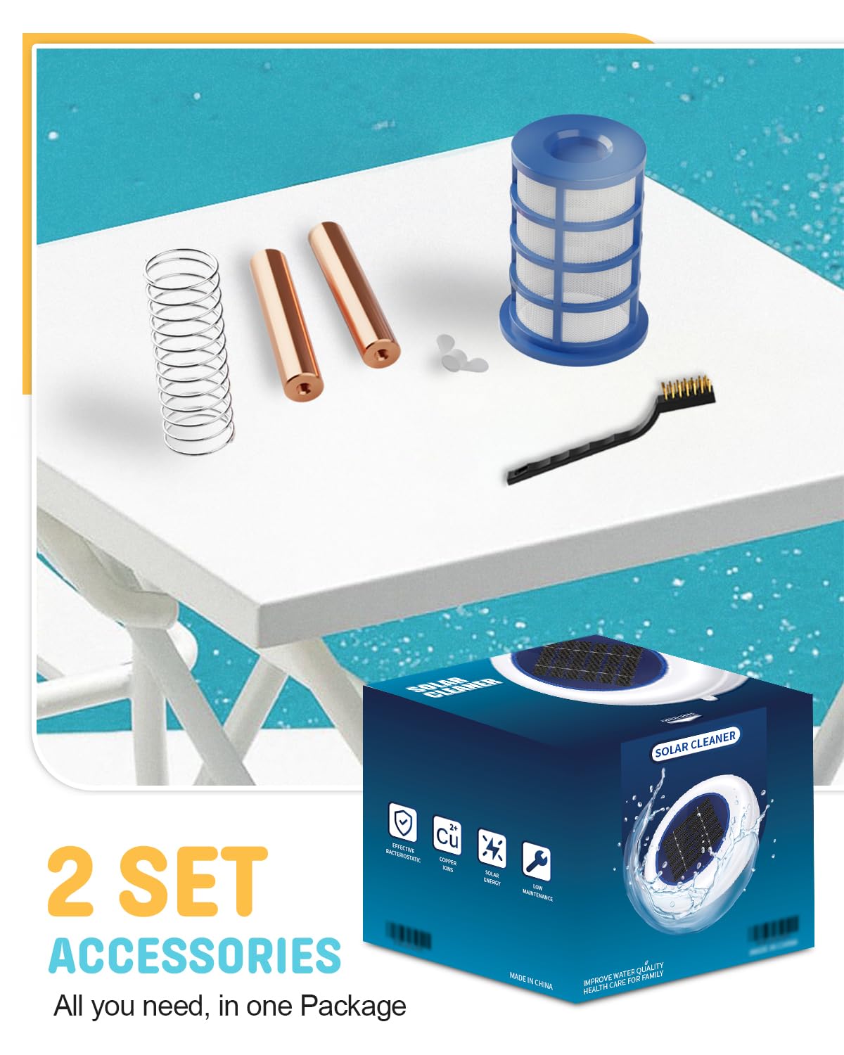 Solar Pool Cleaner, Floating Water Cleaner and Purifier, Copper for Pool 35,000 Gallons, Large Solar Panel & 2 Sets of Fittings, Floating Water Cleaner for Above Ground Pool & Inground Pool