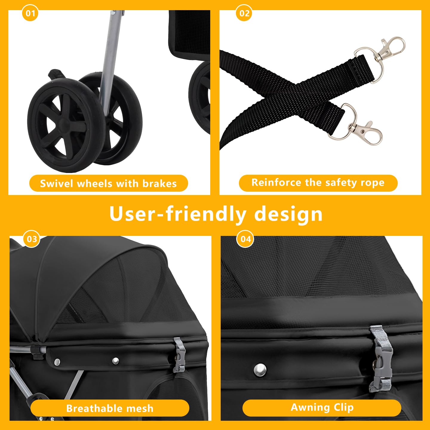 Pet Stroller for Small/Medium Dogs and Cats, Foldable 3 Wheel Jogger with One-Click Fold, Breathable Mesh, Storage Basket, Cup Holder, Weather Cover, Black (Black)