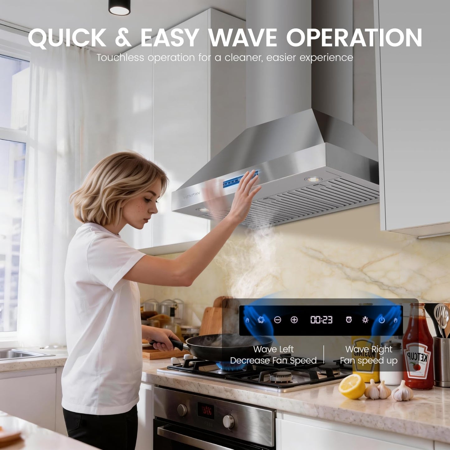 VENFAN 36 Inch Wall Mount Range Hood, 1200 CFM Stainless Steel Kitchen Vent Hood with Gesture Control, 8-Speed Fan, Delay Shut-Off Timer, Ducted/Ductless Convertible, Charcoal Filter Included