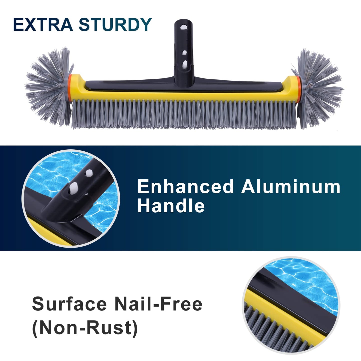 POOLAZA Pool Brush Head with Round Ends, Heavy Duty Pool Brushes for Cleaning Pool Walls, Floors Steps & Corners, 17.5" Pool Brush with Sturdy Aluminum Handle & Durable Nylon Bristles (Yellow)