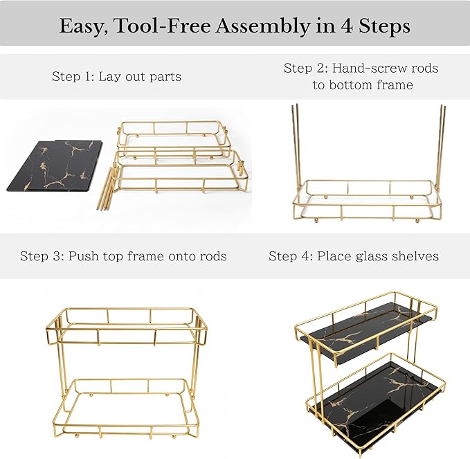 2-Tier Black Marble Bathroom Countertop Organizer Ã¢ÂÂ Glass Shelves & Gold Metal Frame, Stylish Vanity Storage Shelf for Perfume, Skincare, Makeup & Toiletries