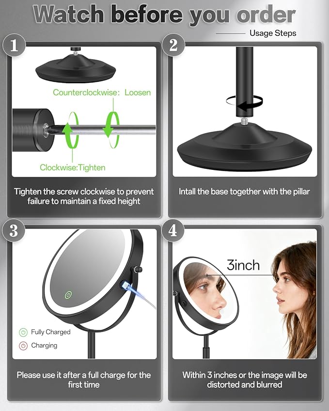 VFD 30X/1X Makeup Mirror with Lights, Height Adjustable Lighted Magnifying Vanity Mirror with 3 Lighting and Adjustable Brightness, 3000mAh Rechargeable Double Sided Switch for Desk Women Gift