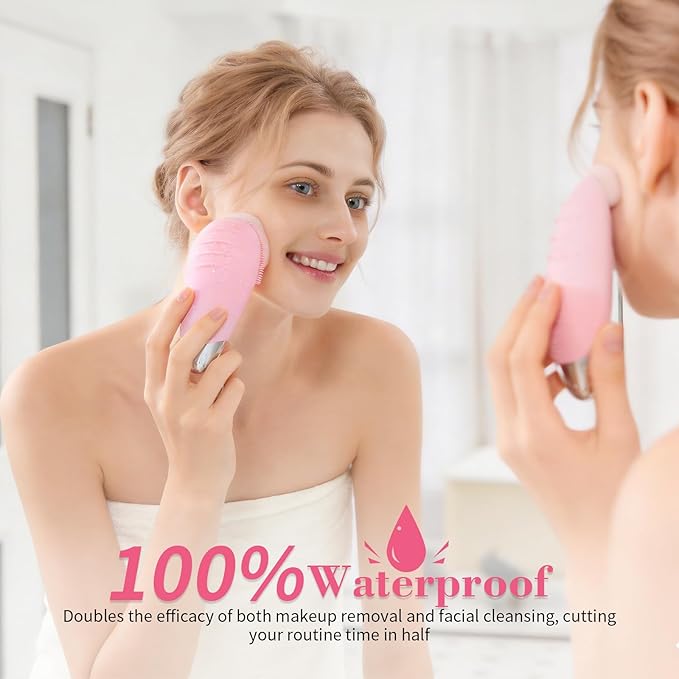 Facial Cleansing Brush, Rechargeable Silicone Face Scrubber with 5 Cleansing Modes, Portable Vibrating Exfoliator Scrubber for Deep Cleaning, Waterproof Face Brush for Women(Pink)