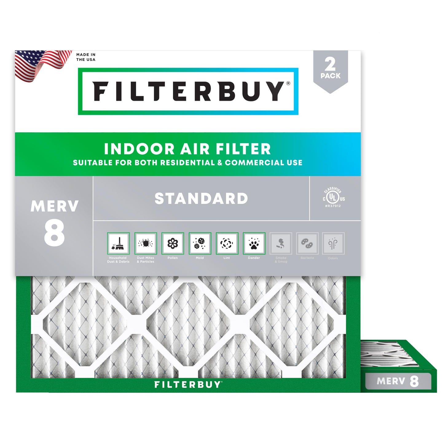 Filterbuy 15x15x1 Air Filter MERV 8 Essential Dust & Allergy Defense (2-Pack), Electrostatic Pleated HVAC AC Furnace Filters Replacement, Made in USA (Actual Size: 15.00 x 15.00 x 0.75)