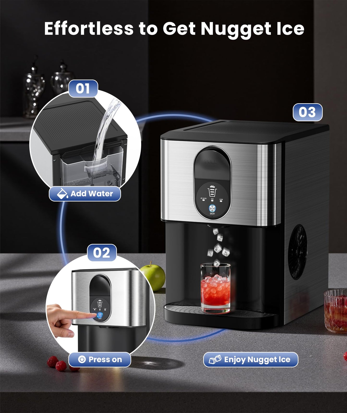 Cowsar Nugget Ice Maker Countertop, 44lbs/24H Soft Chewable Pellet Ice Machine with Dispenser, Self-Cleaning, 2.4L Removable Water Tank, One-Click Operation, Ideal for Home/Kitchen/Bar/Office, Silver