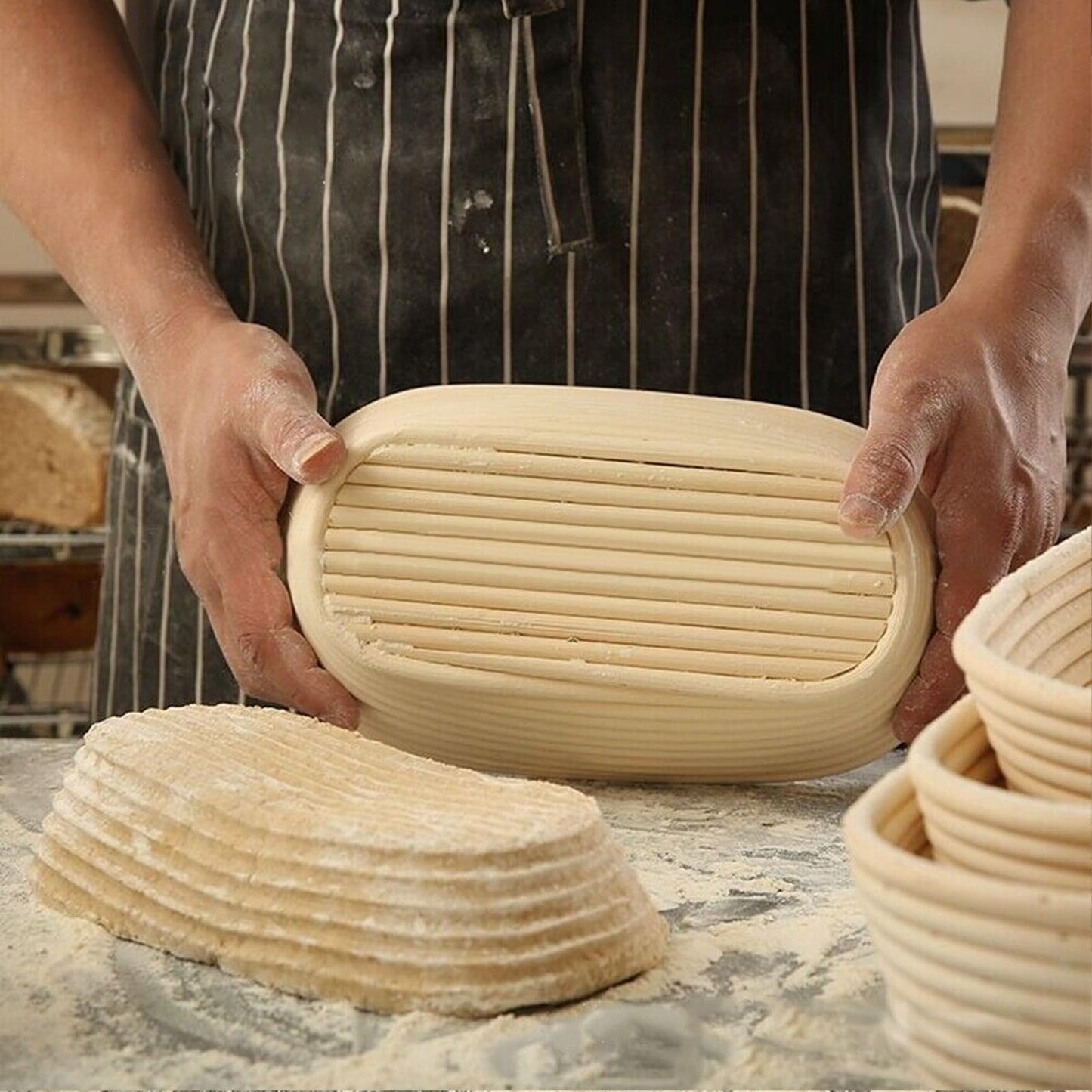 Dimpola Banneton Bread Proofing Basket Banneton Basket Set Sourdough Proofing Basket Round Proofing Bowls Handmade Rattan Baskets and Liners (Oval 10 inch set of 2)