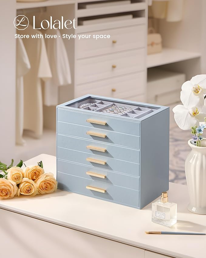Lolalet Jewelry Box Organizer, 6-Layer Jewelry Organizers and Storage Case with Glass Lid, Ring Earring Bracelet Necklace Holder Organizer, Birthday Valentine Gifts for Women Girls -6Layer, HazeBlue