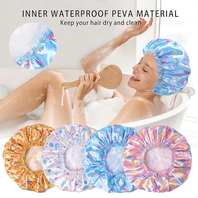 4 PCS Shower Cap for Women, Elastic and Reusable Bath Caps, Double Layers Shower Caps Reusable Waterproof, Bathing Shower Caps, Environmental Bath Hair Protection Cap - Watermelon