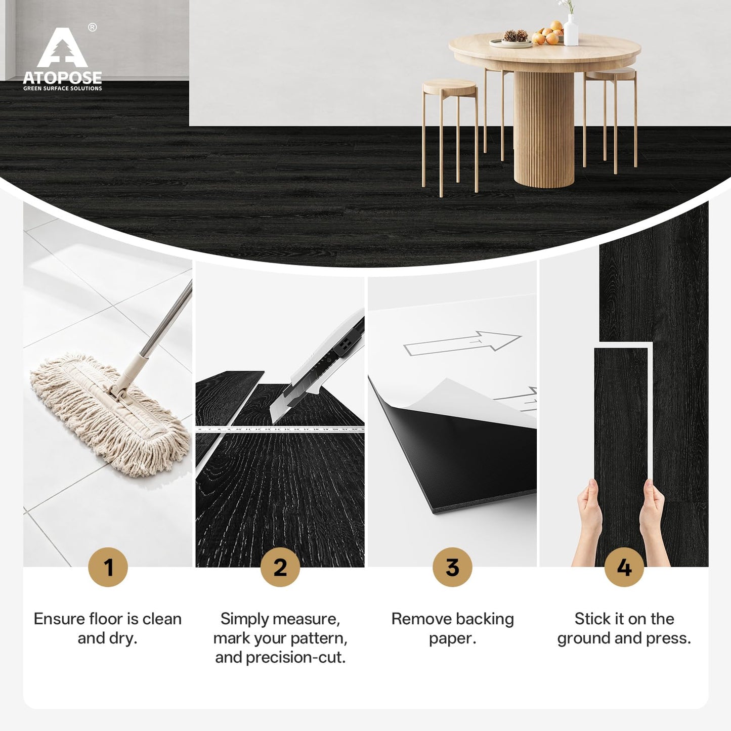 ATOPOSE Black Peel and Stick Floor Tile Waterproof | 36 - Pack 54Sq.Ft | Wood Vinyl Flooring - Nero | Easy DIY Installation for Living Room Kitchen Tool Storage Rental Friendly Basement