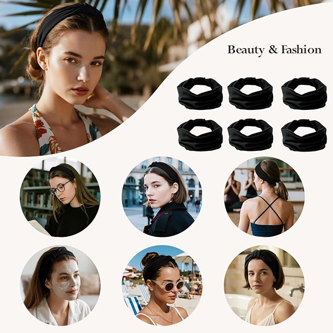 Headbands for Women, Wide Elastic Head Bands, Non-Slip Thick Hair Bands, Sports Stretchy Sweat Bands, Large Knotted Soft Headband for Washing Face, Makeup, Workout, Spa, Fashion, 6-Pack Black
