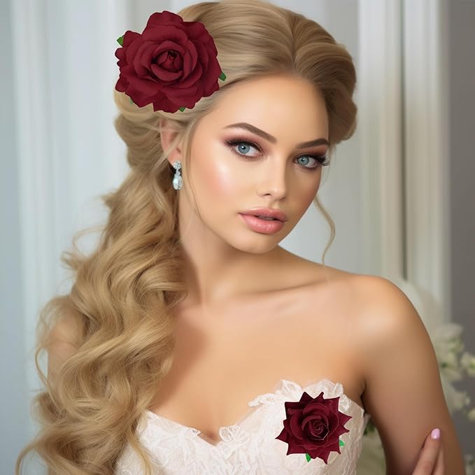 Rose Hair Clip Flower Hairpin Rose Brooch Floral Clips, 4 Pcs Fabric Flowers Hair Clips Mexican Hair Flowers Pin up Headpieces for Woman Girl Wedding Party Mother's Day (Dark Red)