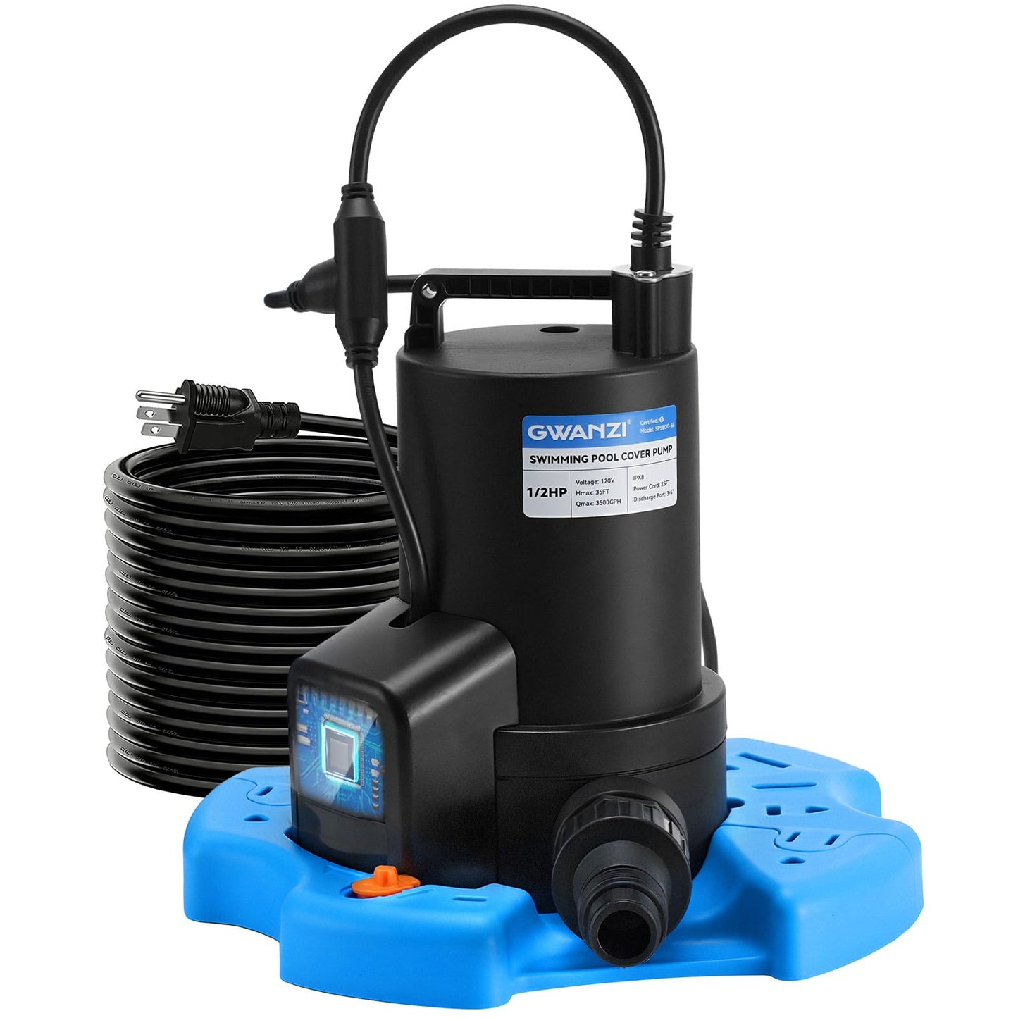 1/2HP Automatic Swimming Pool Cover Pump 3500GPH Submersible Water Pump with 3/4” Check Valve Adapter & 25ft Power Cord 110V Sump Pump for Swimming Pool Hot Tubs Pond Basement Rooftops