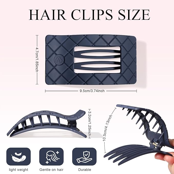Large Flat Hair Claw Clips for Women Fine Thin Medium Thick Hair, Duckbill Strong Hold Non Slip Square Hair Clips, Cozy French Lay Down Hairclips, Papaya, Blue, Steel Gray, Mood Indigo, 4 Pcs